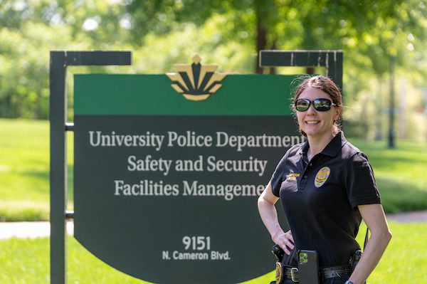 Captain Sarah Smyre outside of the University Police and Public Safety Building